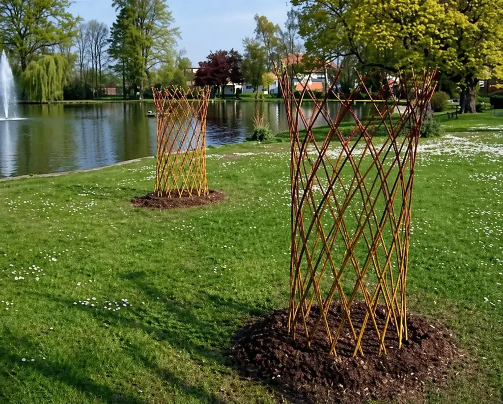 Colonnes en saule tressé installées dans un parc au bord d'un étang