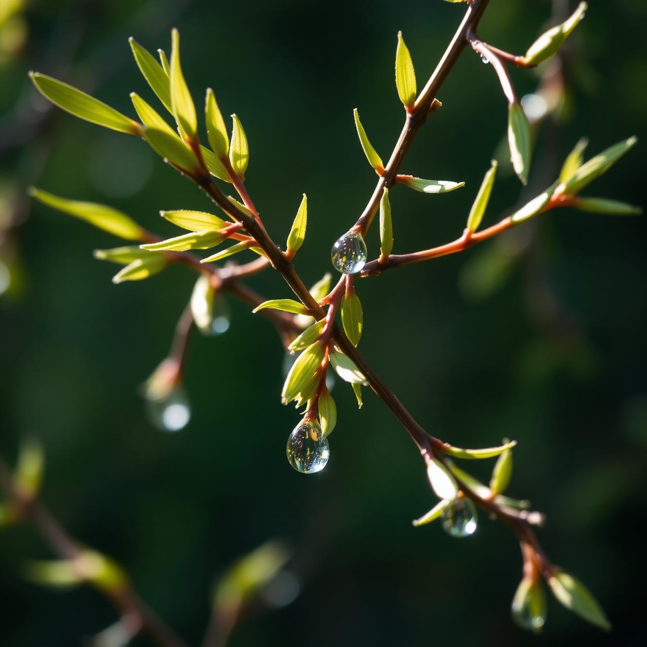 Branches de saule fraîches avec gouttes d'eau